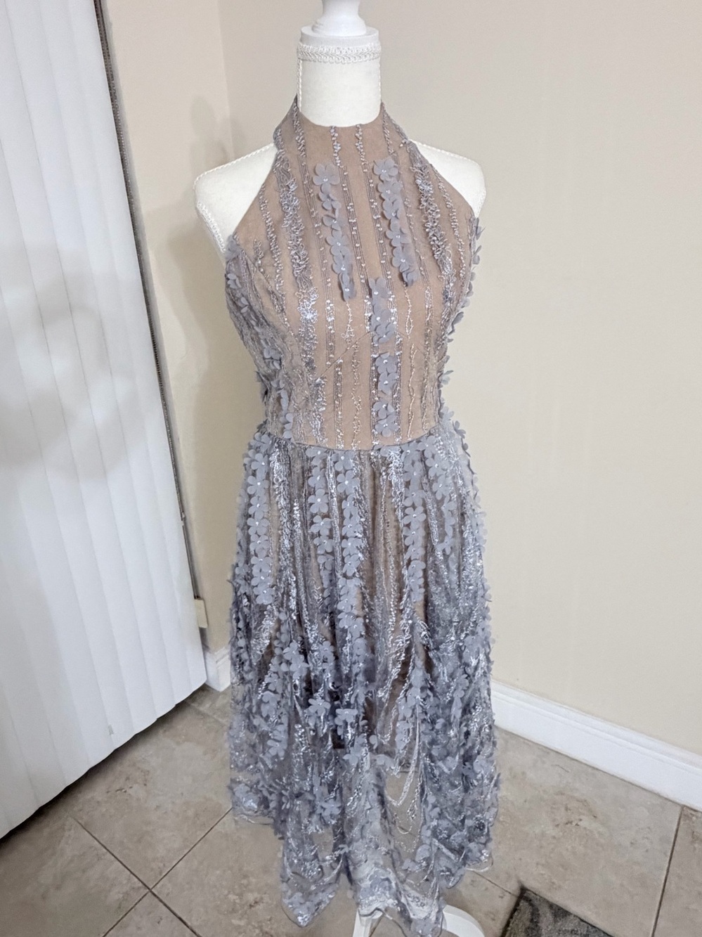 Dress the Population Silver Halter Midi Dress
